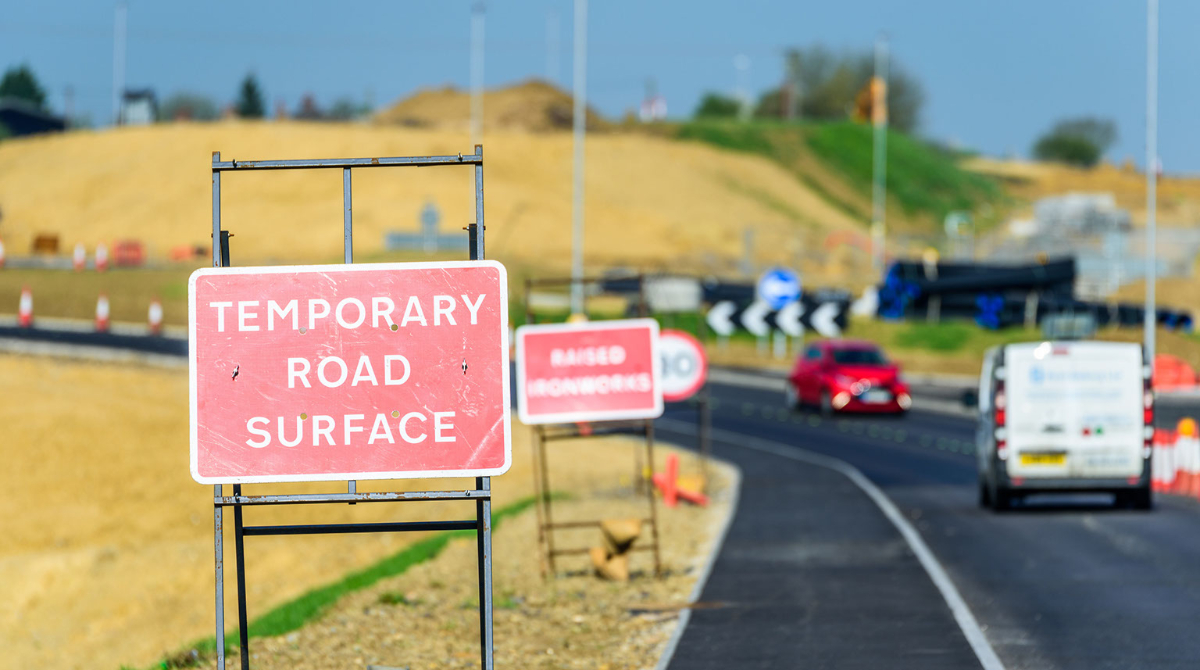 Roadworks sign on road