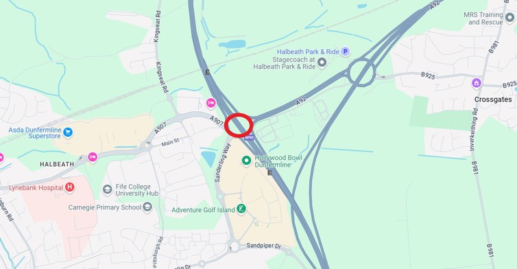 A map showing the Halbeath Roundabout