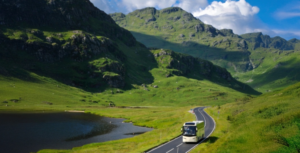 Scenic route in mountains with bus