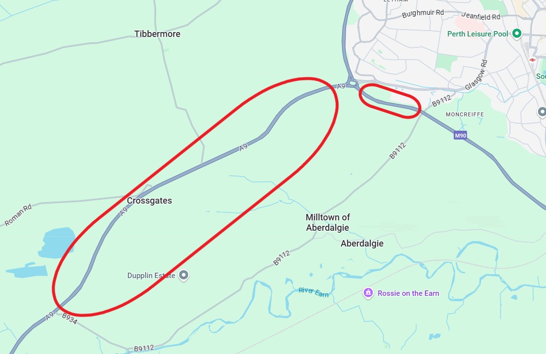 A9 and M90 approaches to Broxden Roundabout