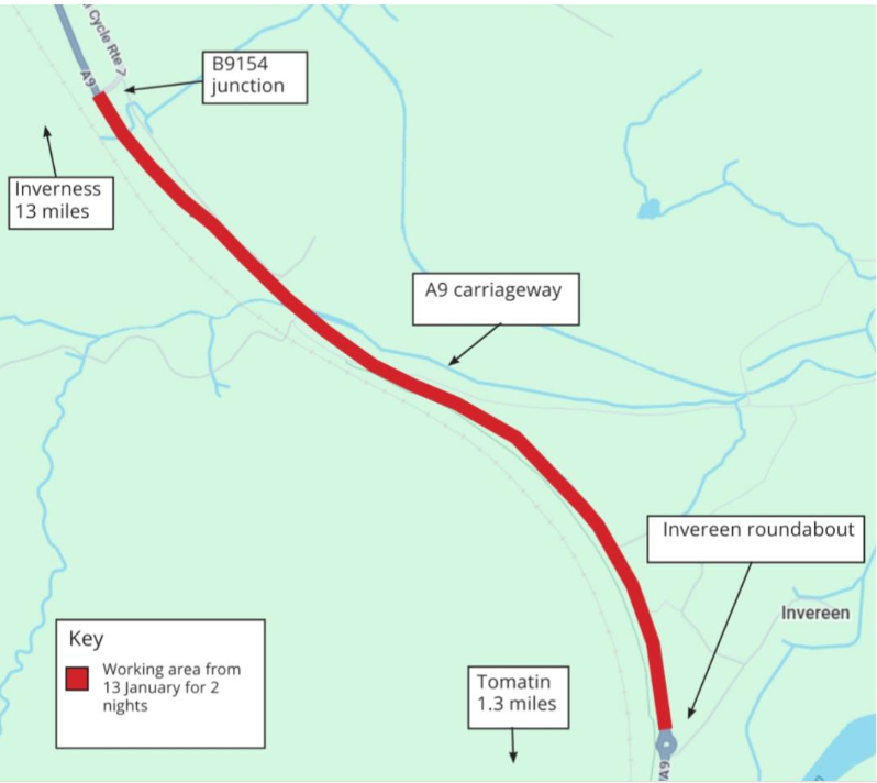 9 between Invereen Roundabout and the B9154 Moy South junction