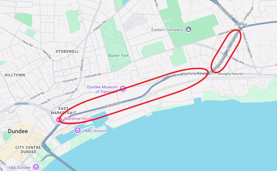 A92 in Dundee at East Dock Street, Broughty Ferry Road and Greendykes Road